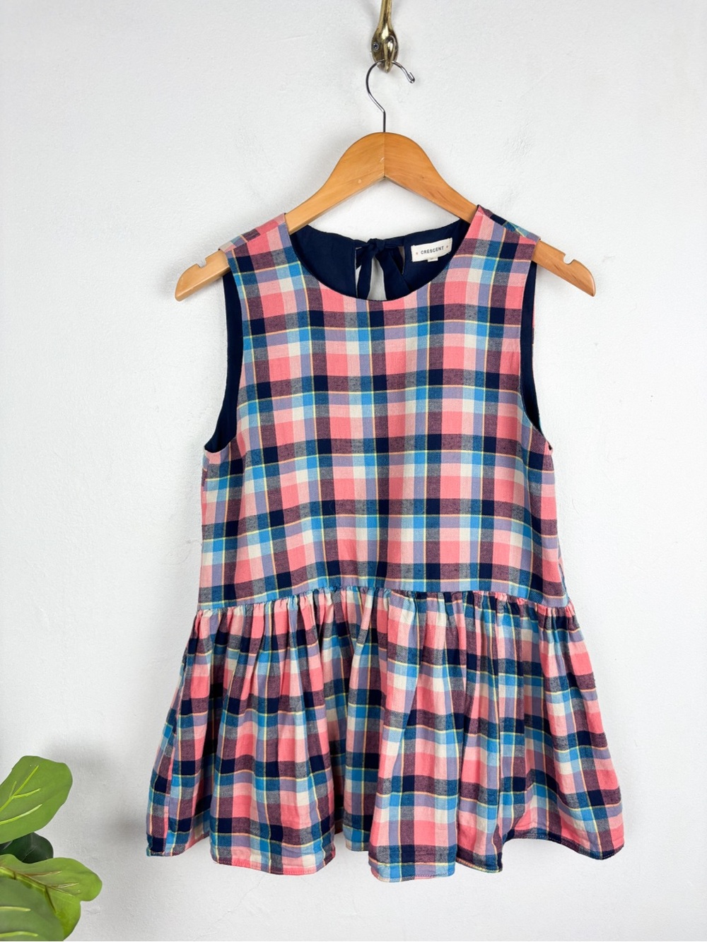 Crescent Plaid Sleeveless Bow Back Cotton Top Sz S